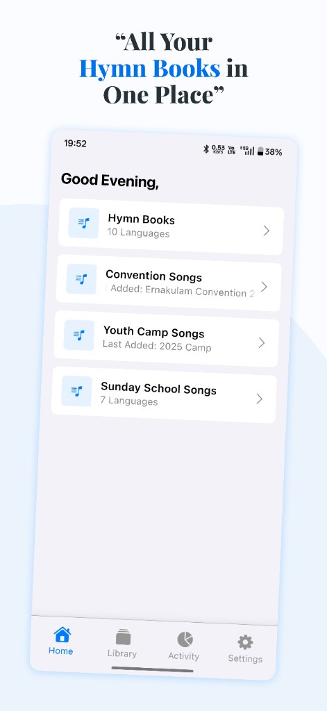 Home screen showing hymn books and collections