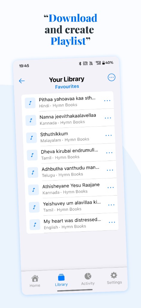Search results screen for finding hymns quickly